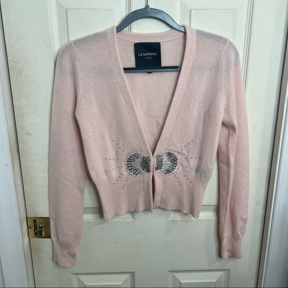 Womens EUC Le Superbe 100% Cashmere Baby Pink Bedazzled Cardigan